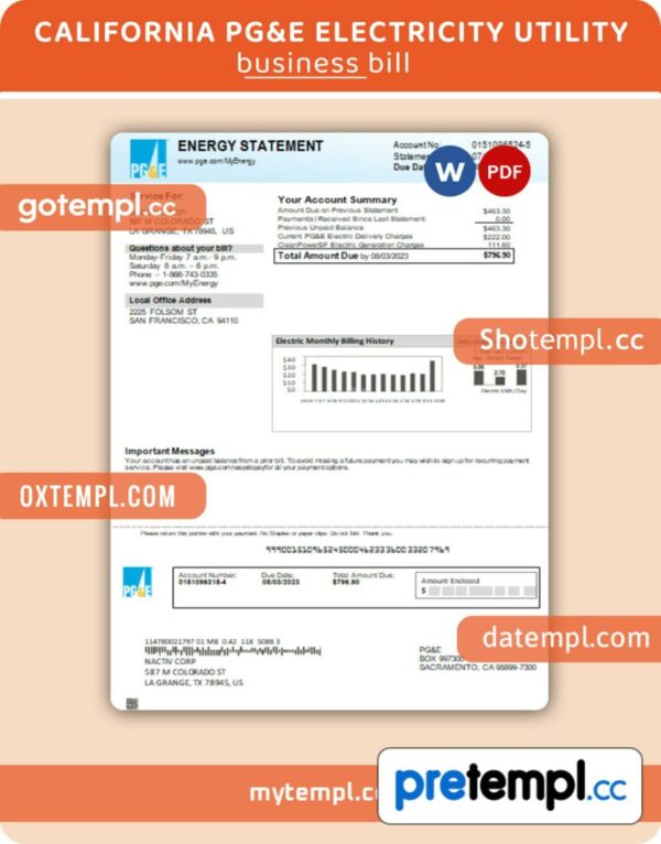 California PG&E electricity business utility bill, Word and PDF template