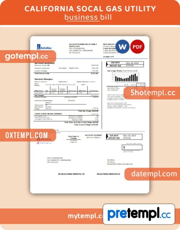 California SoCal Gas business utility bill, Word and PDF template, 2 pages