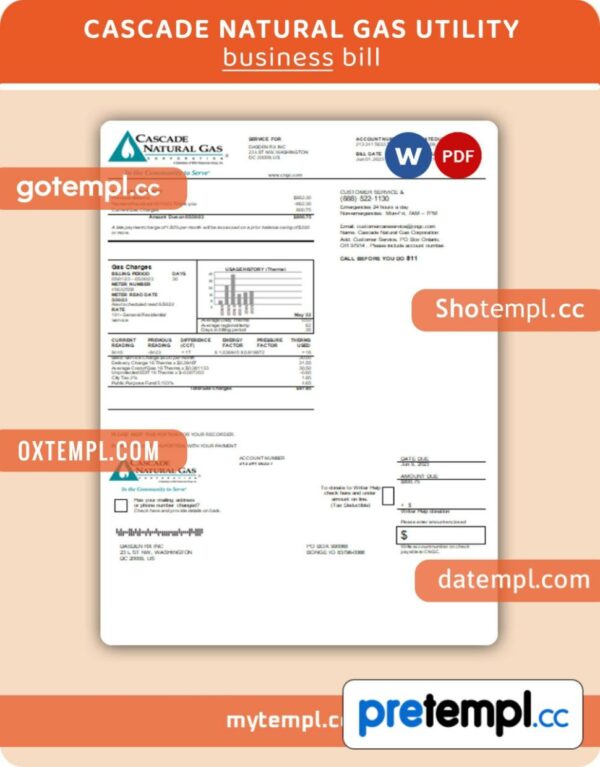 Cascade Natural Gas business utility bill, Word and PDF template