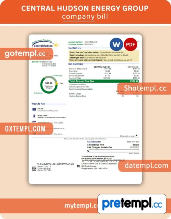 Central Hudson Energy Group business utility bill, PDF and WORD template