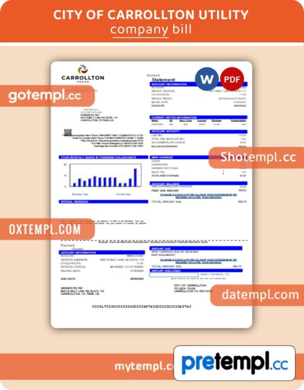 City of Carrollton business utility bill, Word and PDF template