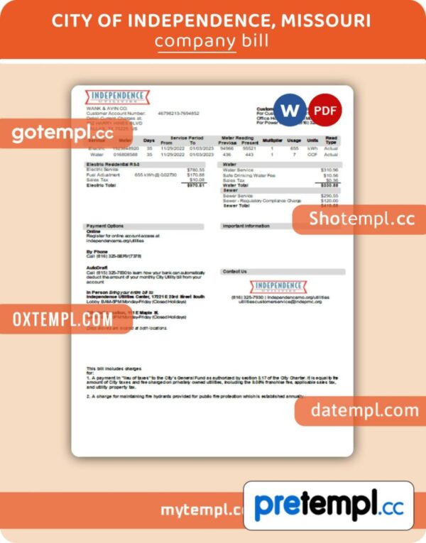 City of Independence, Missouri business utility bill, Word and PDF template, 2 pages