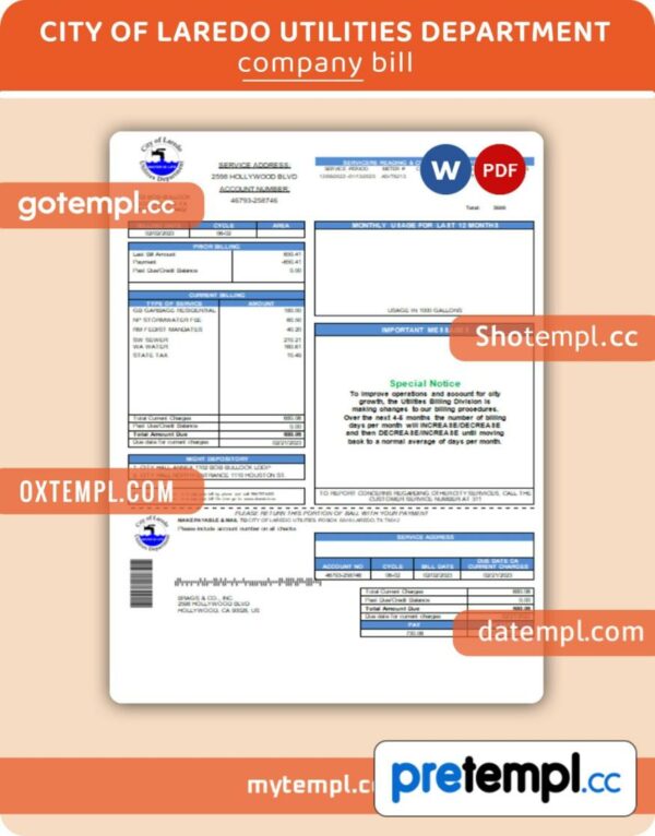 City of Laredo Utilities Department water business utility bill, Word and PDF template