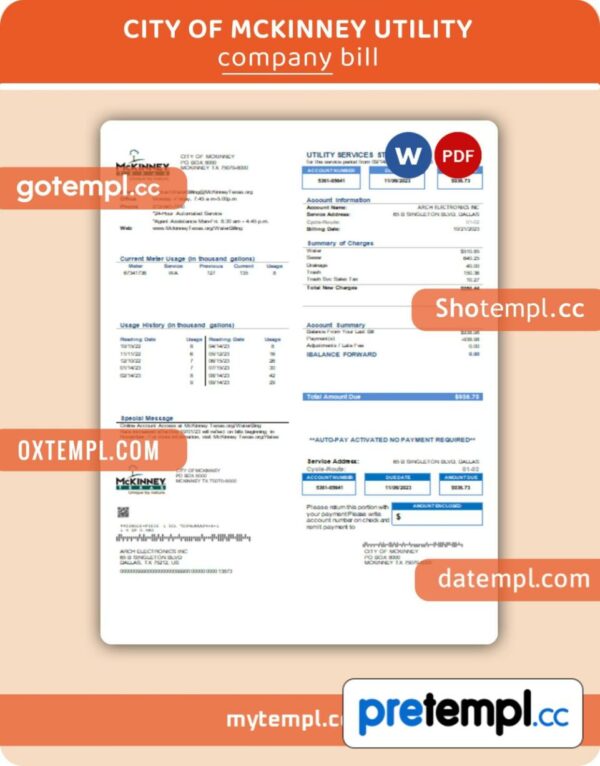 City of McKinney business utility bill, Word and PDF template