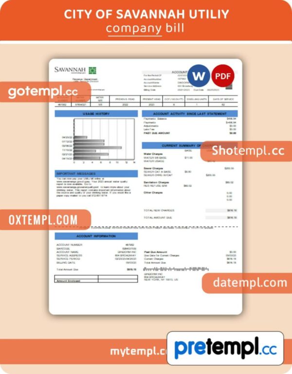 City of Savannah business utility bill, PDF and WORD template