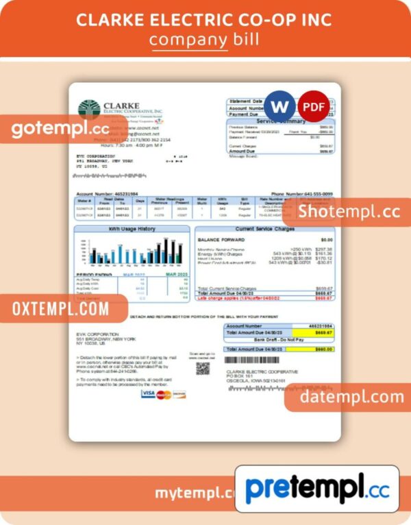 Clarke Electric Co-Op Inc business utility bill, Word and PDF template, 2 pages