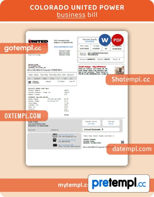 Colorado United Power utility bill, Word and PDF template