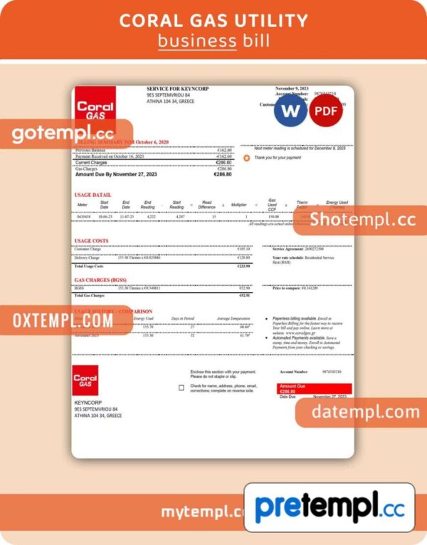 Coral Gas utility business bill, Word and PDF template, 4 pages, version 3