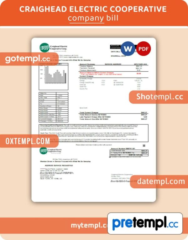 Craighead Electric Cooperative business utility bill, Word and PDF template