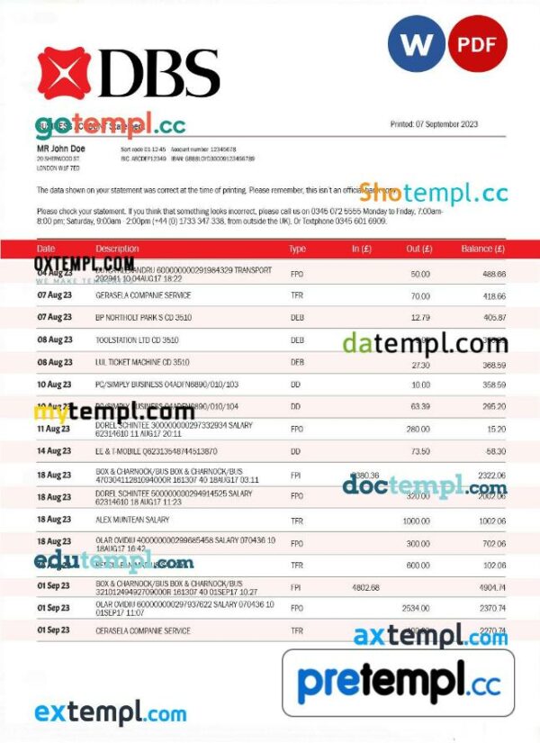 DBS Bank organization checking account statement Word and PDF template
