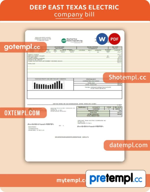 Deep East Texas Electric business utility bill, Word and PDF template