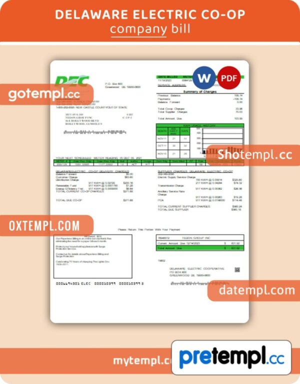 Delaware Electric Co-op utility business bill, Word and PDF template