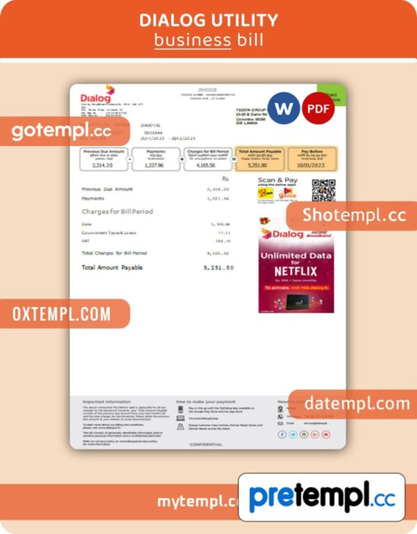 Dialog business utility bill, PDF and Word template