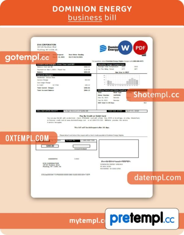 Dominion Energy utility business bill, Word and PDF template