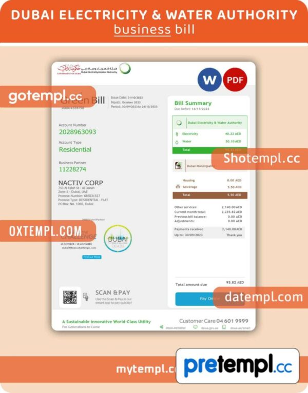 Dubai Electricity & Water Authority business utility bill, Word and PDF template