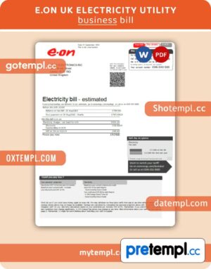 E.on UK electricity business utility bill, Word and PDF template