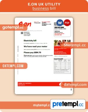 E.ON UK electricity business utility bill, Word and PDF template