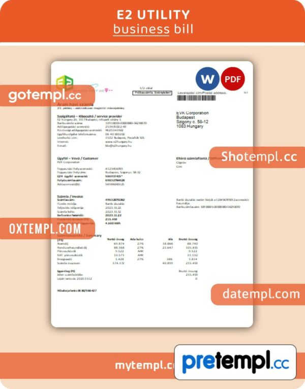 E2 utility business bill, Word and PDF template