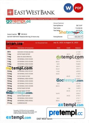 East West Bank firm account statement Word and PDF template