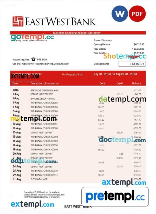 East West Bank firm account statement Word and PDF template