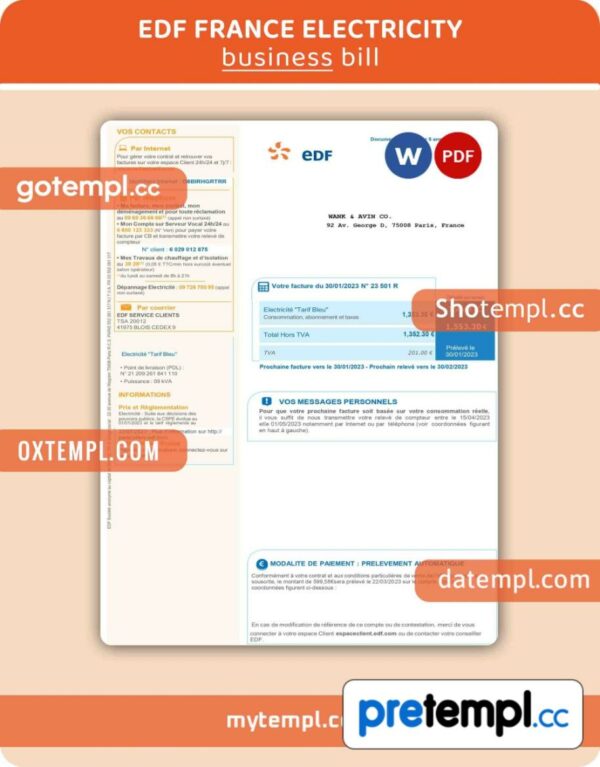EDF France Electricity business utility bill, Word and PDF template