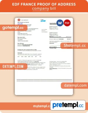 EDF France proof of address business utility bill, Word and PDF template