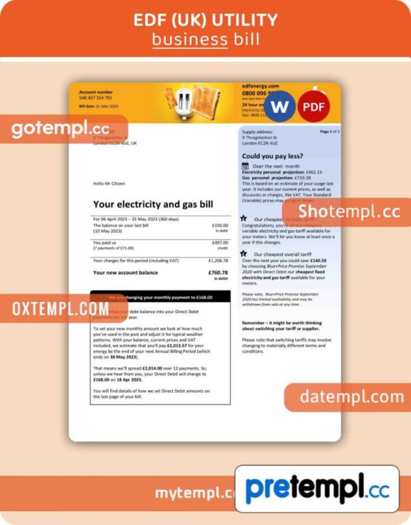 EDF (UK) business utility bill, Word and PDF template