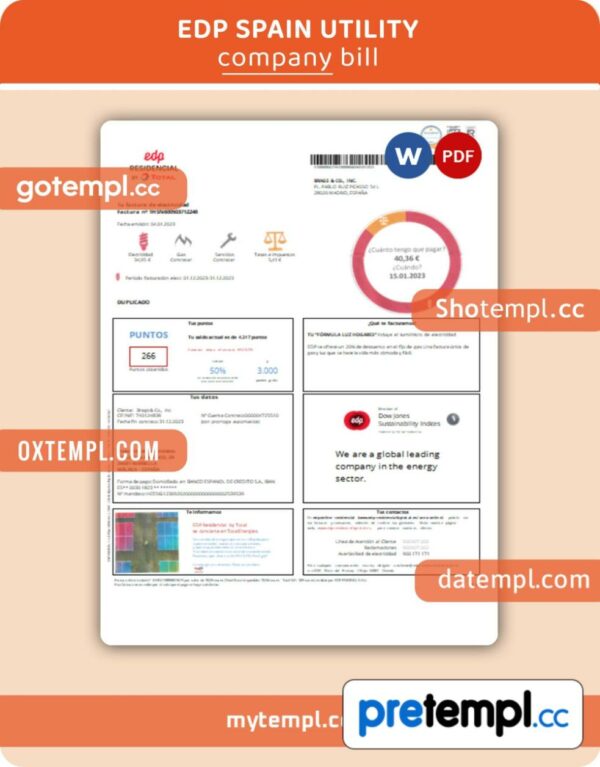 EDP Spain business utility bill, Word and PDF template