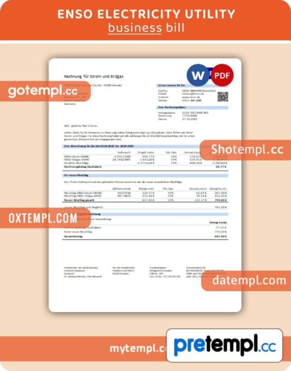 ENSO electricity business utility bill, Word and PDF template