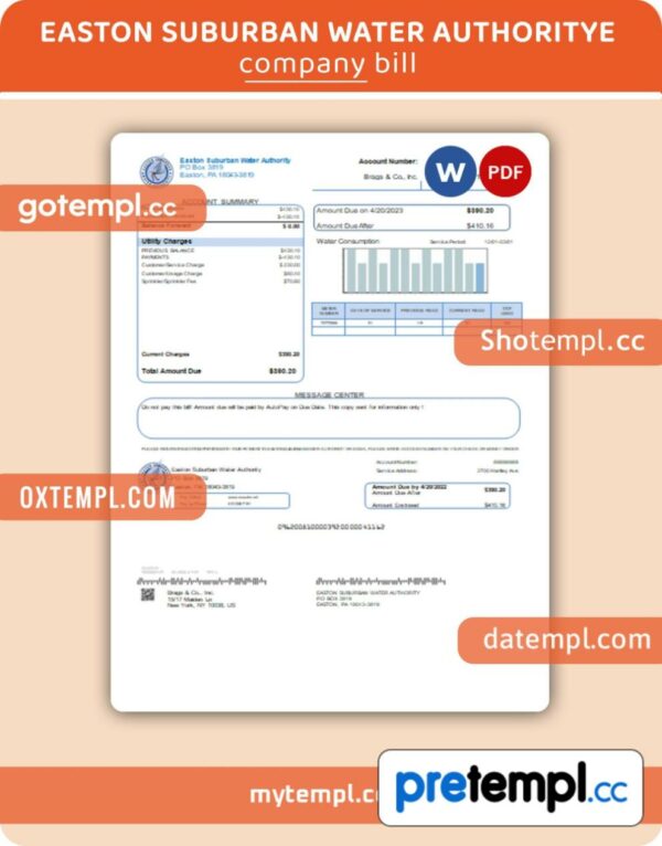 Easton Suburban Water Authority business utility bill, Word and PDF template