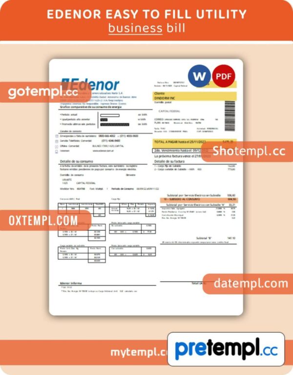 Edenor easy to fill utility business bill, Word and PDF template, 4 pages, version 3