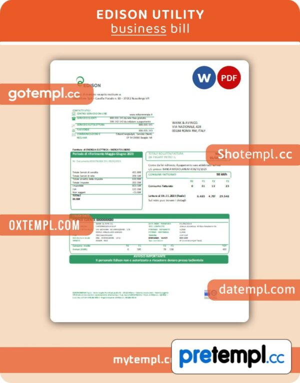 Edison business utility bill, Word and PDF template, 4 pages, version 3