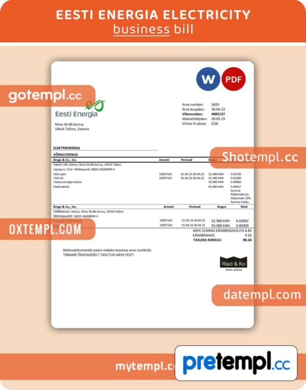 Eesti Energia electricity business utility bill,Word and PDF template, 2 pages