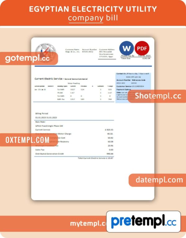Egyptian Electricity business utility bill, Word and PDF template
