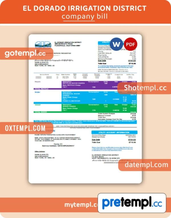 El Dorado Irrigation District business utility bill, Word and PDF template