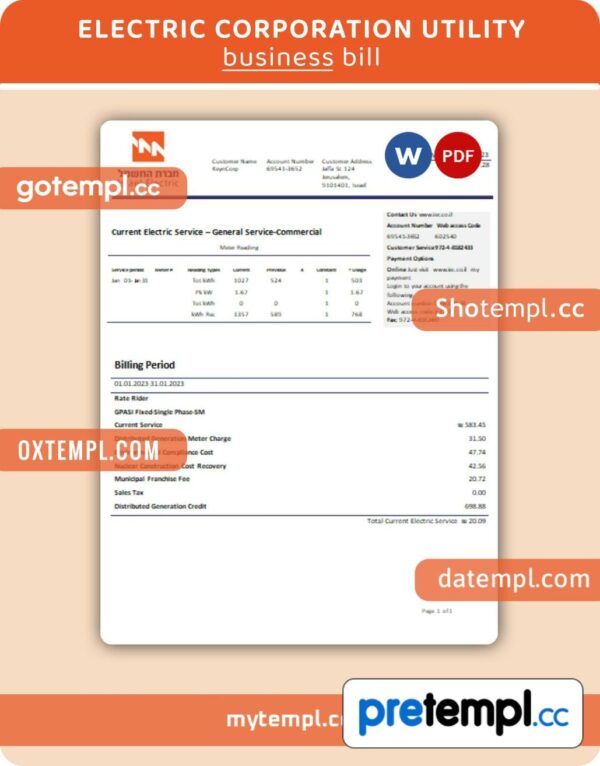 Electric Corporation business utility bill, Word and PDF template, 2 pages