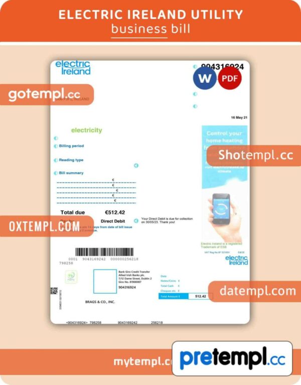 Electric Ireland utility business bill, Word and PDF template