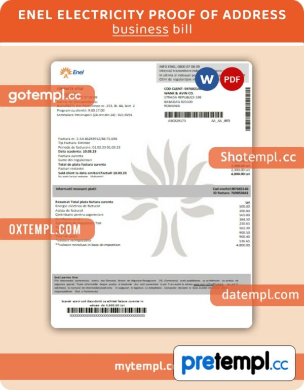 Enel electricity proof of address business utility bill, Word and PDF template