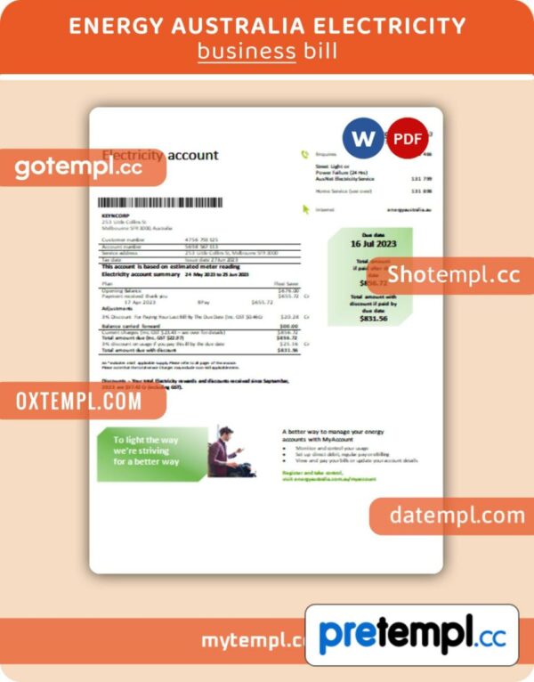 Energy Australia electricity business utility bill, Word and PDF template, 2 pages