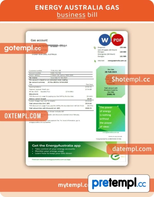 Energy Australia gas business utility bill, Word and PDF template
