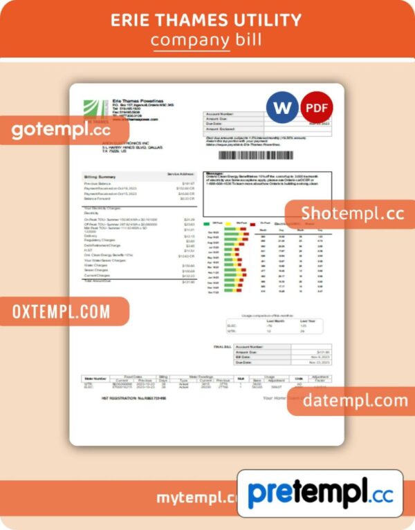 Erie Thames utility business bill, Word and PDF template, 2 pages