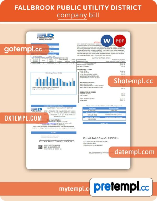 Fallbrook Public Utility District business utility bill, Word and PDF template, 2 pages