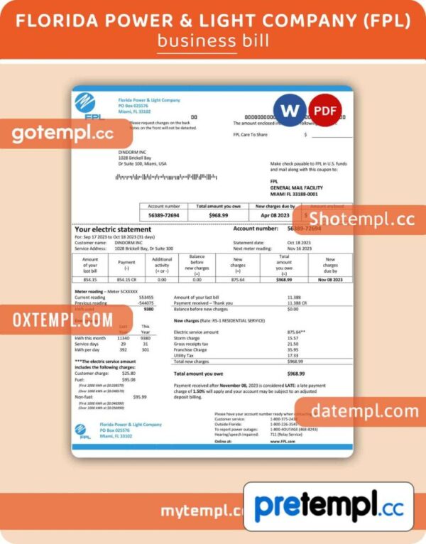 Florida Power & Light Company (FPL) electricity utility business bill, Word and PDF template