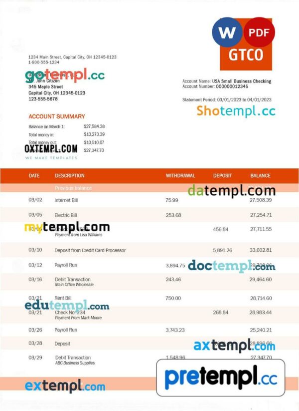 Gt Bank organization checking account statement Word and PDF template