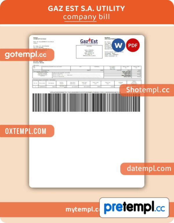 Gaz Est S.A. business utility bill, Word and PDF template