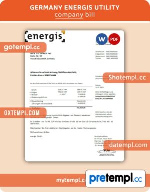 Germany Energis business utility bill, Word and PDF template, 4 pages, version 3