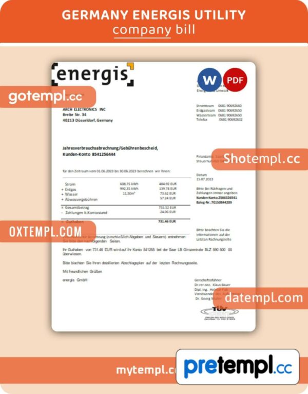 Germany Energis business utility bill, Word and PDF template, 4 pages, version 3