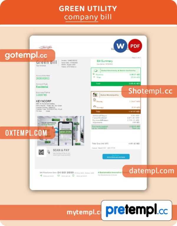 Green utility business utility bill, Word and PDF template, 2 pages