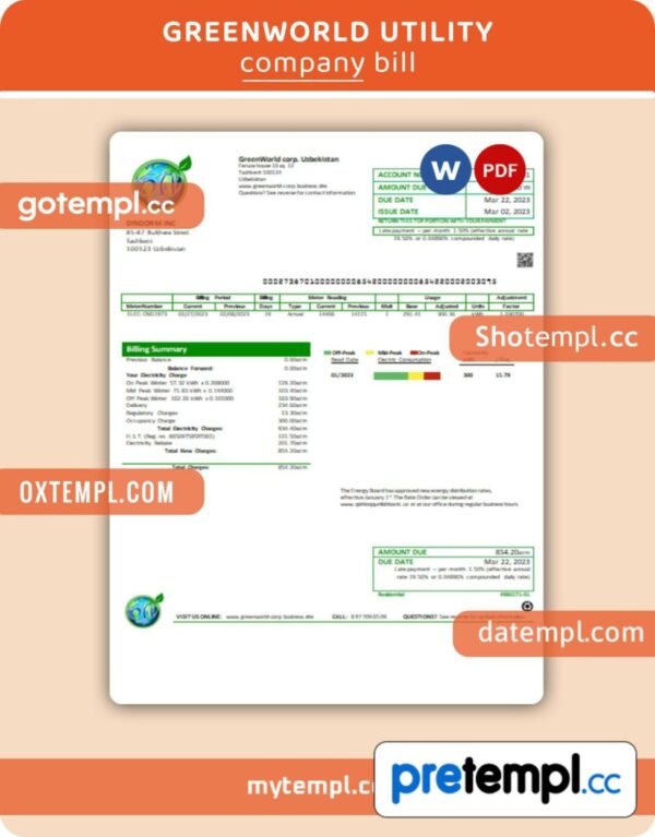 GreenWorld business utility bill, PDF and WORD template