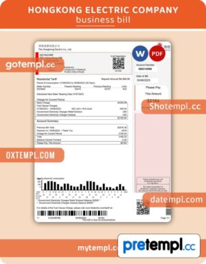 Hongkong Electric Company utility business bill, Word and PDF template, 2 pages
